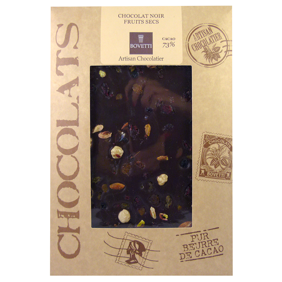 Tablette de chocolat noir parseme de fruits secs Bovetti 350g