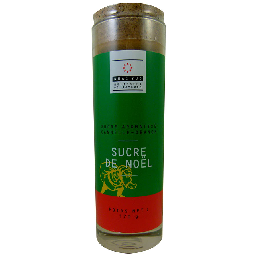 Etui en verre garni de sucre roux de Noel aromatise cannelle orange 170 g