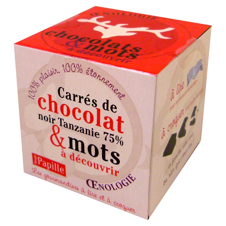 Boîte de 40g de carres de chocolat noir dans leurs pochettes a lire sur le theme de loenologie