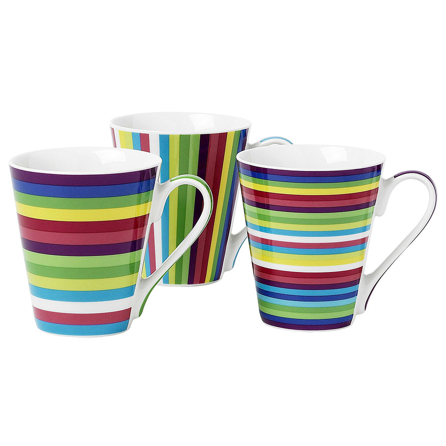 Set 3 mugs en porcelaine motif raye arc en ciel 30cl
