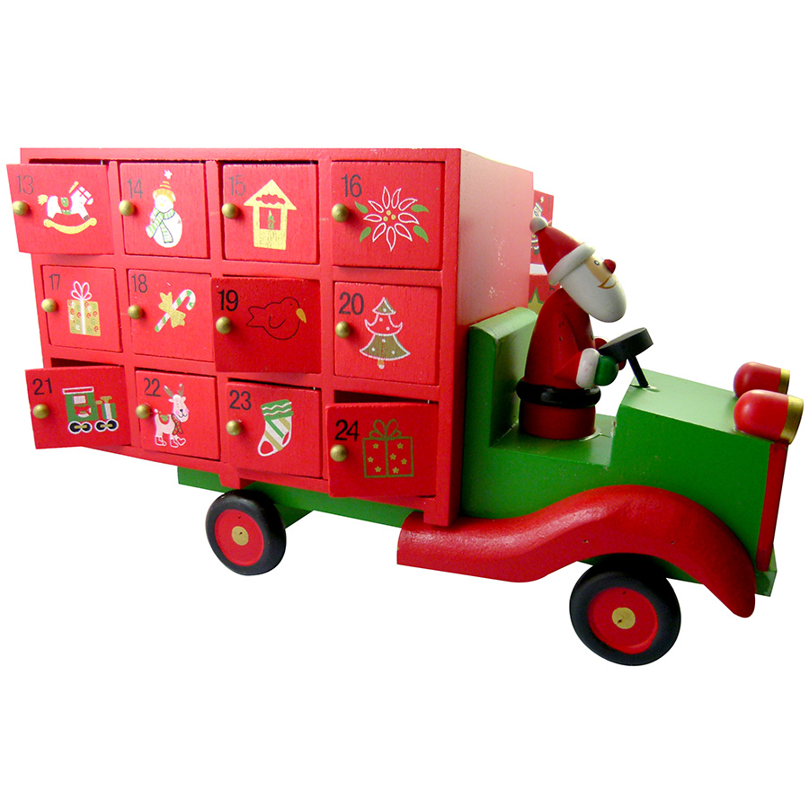 Calendrier de lavent en forme de camion en bois et son pere Noel