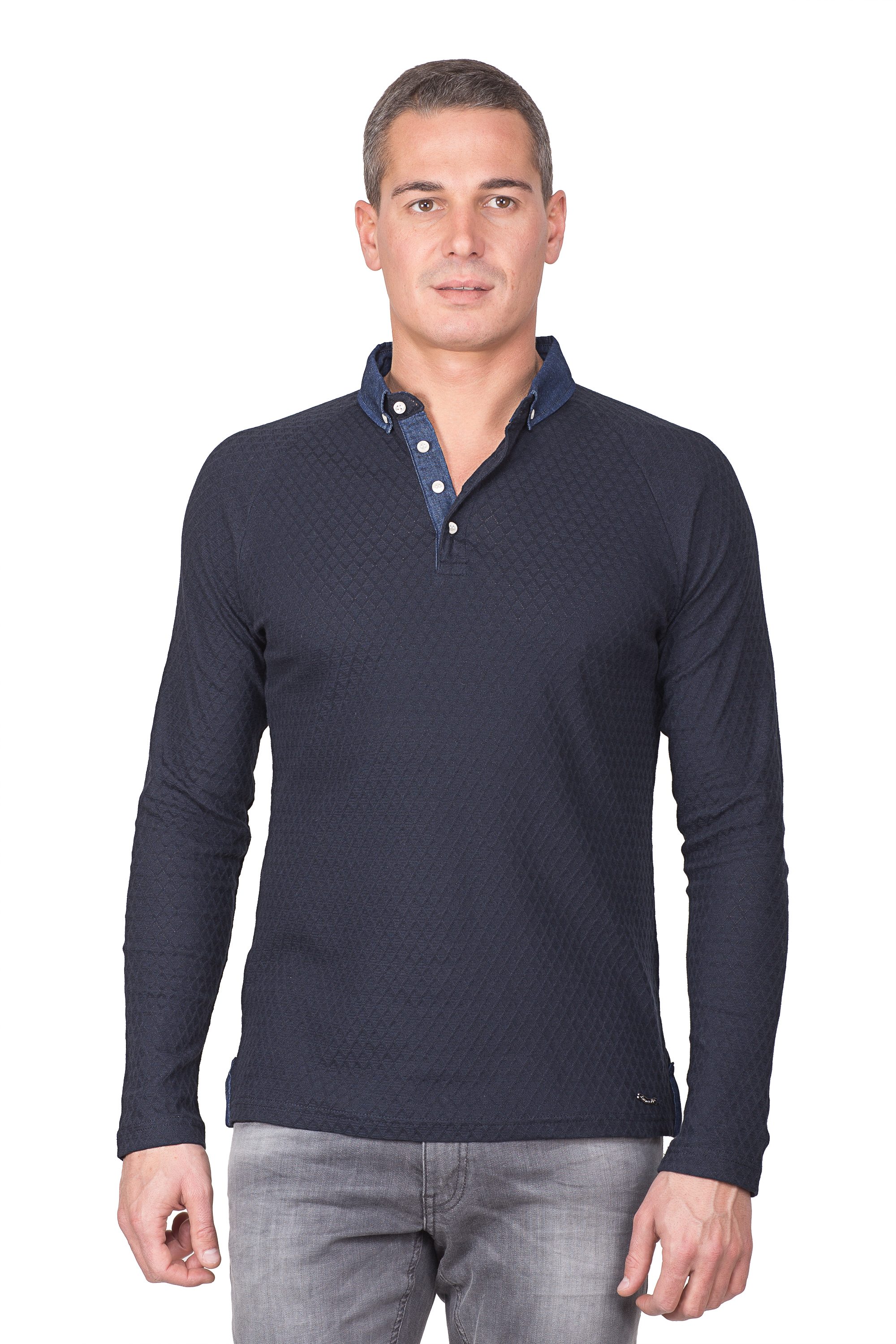 polo maille navy col chambray