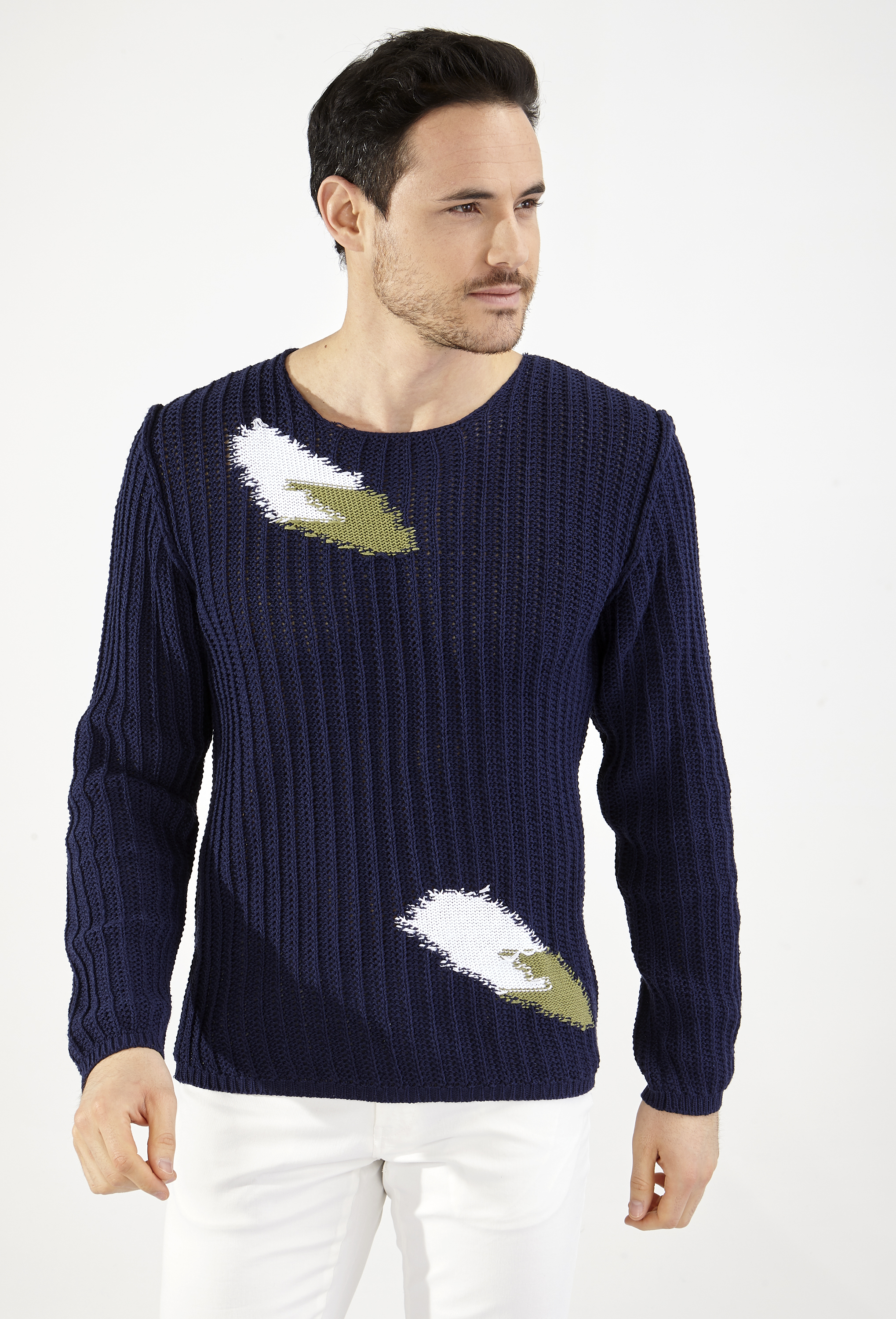 pull col rond marine maille large