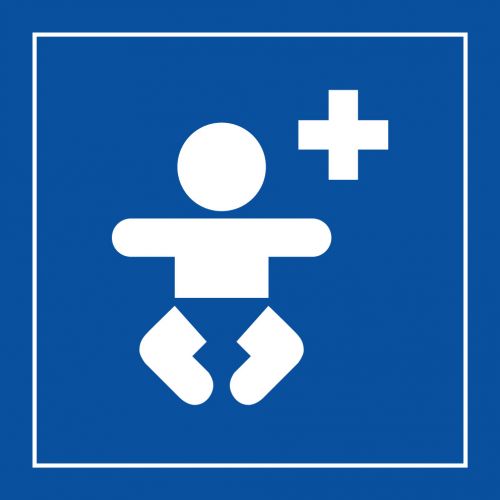 Pictogramme PI PF 036 'Centre medical pour enfants' en PVC  ISO 7001 : Dimensions - 350 x 350 mm, Modele - Blanc sur bleu