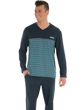 Pyjama col V marine rayures bleu-marine