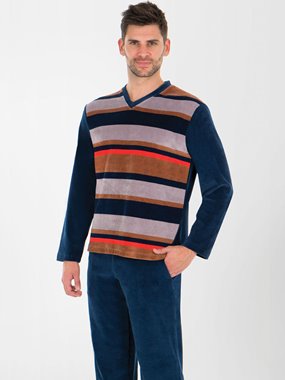 Pyjama en velours rayures marine/gris/corail/cam
