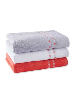 Lot de 3 serviettes eponge liteau a pois gris + corail + blanc