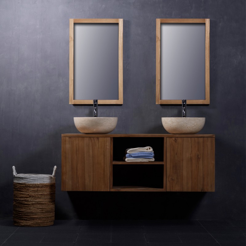 Ensemble salle de bain en bois de teck suspendu 135 - Vasques + miroir
