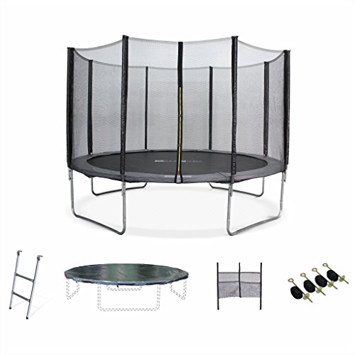 Trampoline 370cm Saturne Xxl Gris Avec Filet De Protection Echelle Bache Filet Pour Chaussures Kit Dancrage Trampoline