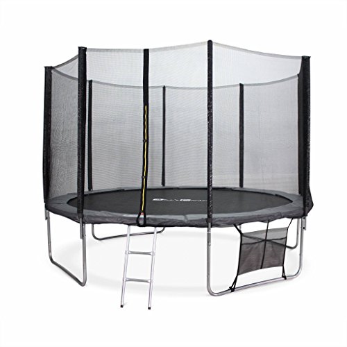 Trampoline de jardin Saturne XXL 370cm gris, filet de protection, echelle, bache, filet chaussures,