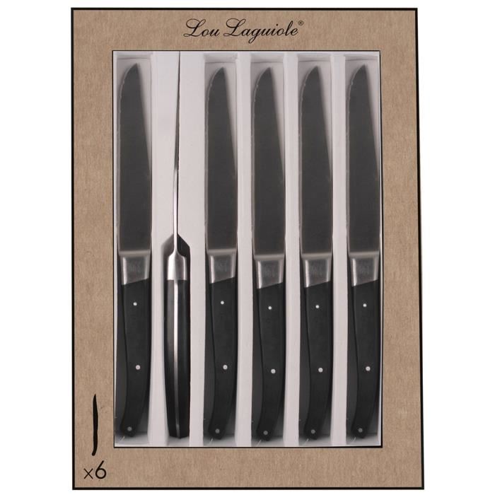 Lou Laguiole Coffret 6 Couteaux Lame Dentee Noir 3x20x28cm