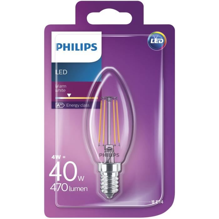 Philips Ampoule Led Flamme E14 4 W Equivalent A 40 W Blanc Chaud