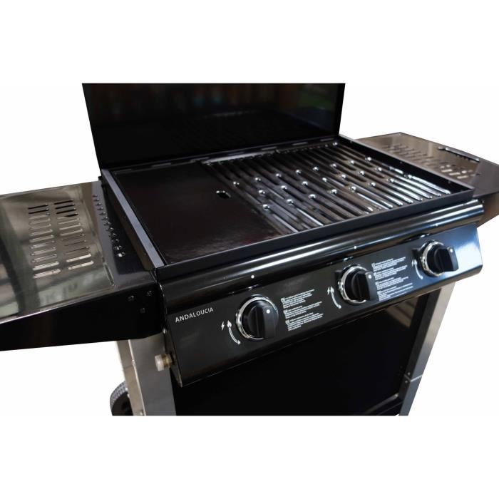 Barbecue A Gaz Mixte Grill Plancha 3 Bruleurs Sur Chariot Fonte Emaillee Andaloucia