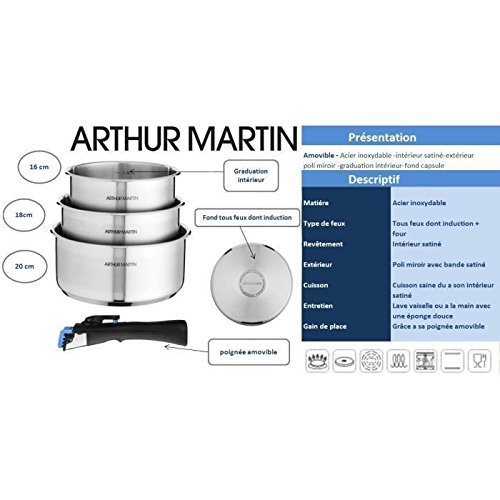 ARTHUR MARTIN Set casserole inox manche amovible (lot de 3) - ARTHUR MARTIN