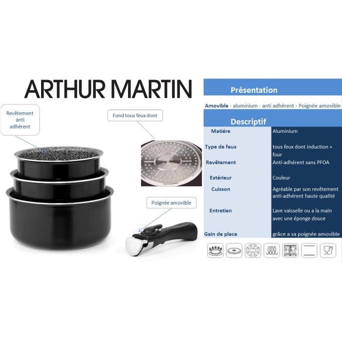 Arthur Martin Am120b Set De 3 Casseroles 16-18-20 Cm + 1 Poignee - Tous Feux Dont Induction