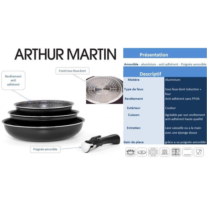 Arthur Martin Am130b Set De 3 Poeles 20-24-28 Cm + 1 Poignee - Tous Feux Dont Induction