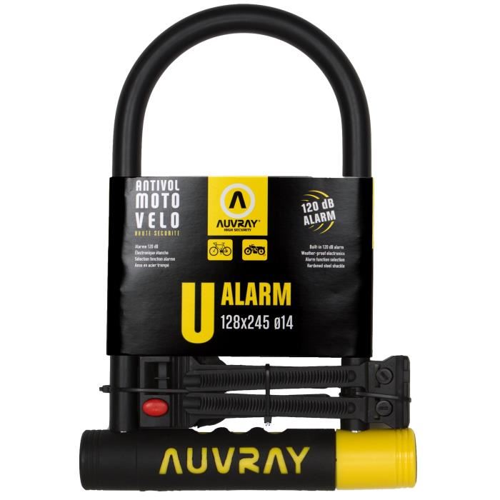 Antivol Velo U Alarm Auvray - Support Inclus - 128x245 ø14mm - Noir Et Jaune