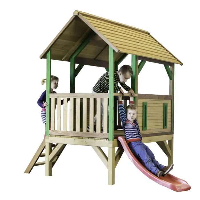 Axi Akela Maison Enfant Avec Toboggan Rouge Aire De Jeux Pour Lexterieur En Marron Vert Maisonnette Cabane De Jeu En Bois