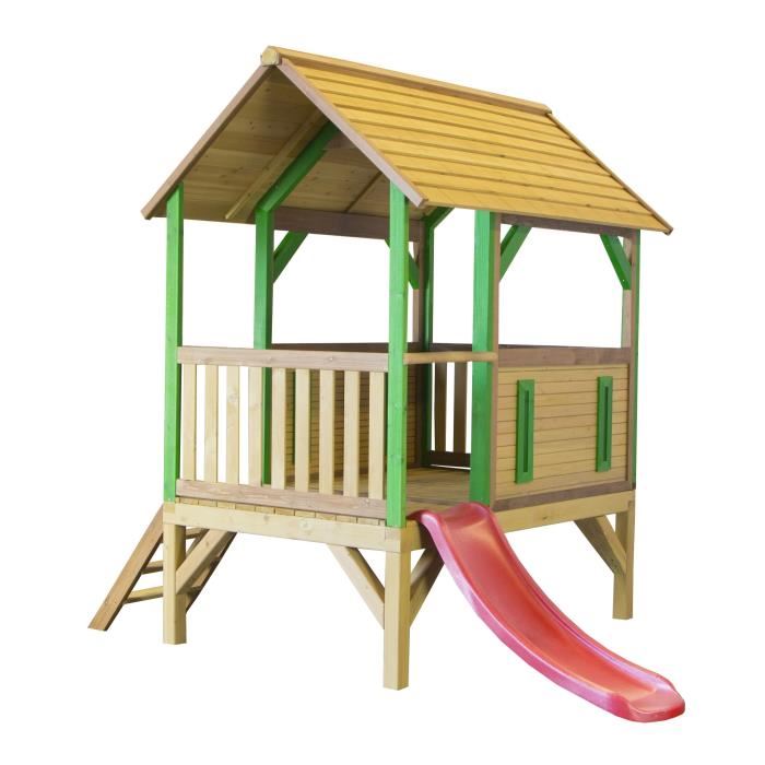 Axi Akela Maison Enfant Avec Toboggan Rouge | Aire De Jeux Pour L'exterieur En Marron & Vert | Maisonnette / Cabane De Jeu En Bois