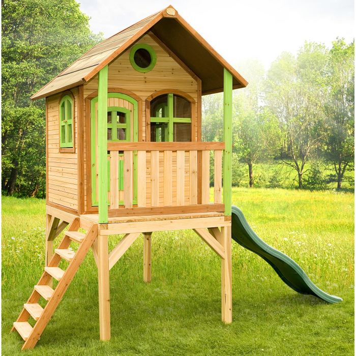 Axi Laura Maison Enfant Avec Toboggan Vert Aire De Jeux Pour Lexterieur En Marron Vert Maisonnette Cabane De Jeu En Bois