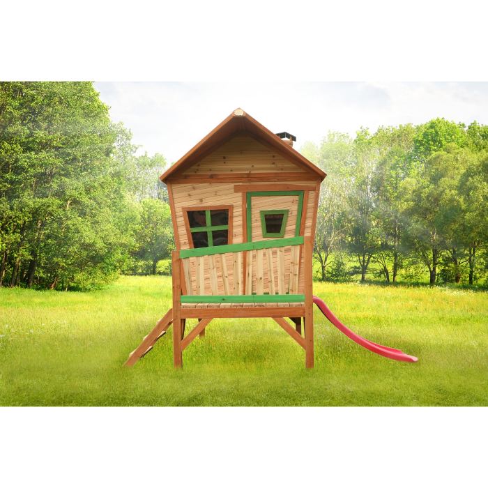 Axi Iris Maison Enfant Avec Toboggan Rouge | Aire De Jeux Pour L'exterieur En Marron & Vert | Maisonnette / Cabane De Jeu En Bois