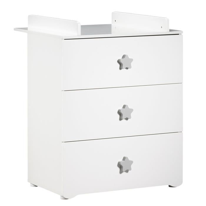 Commode A Langer Babyprice Basic 3 Tiroirs Blanche Boutons Etoiles Grises