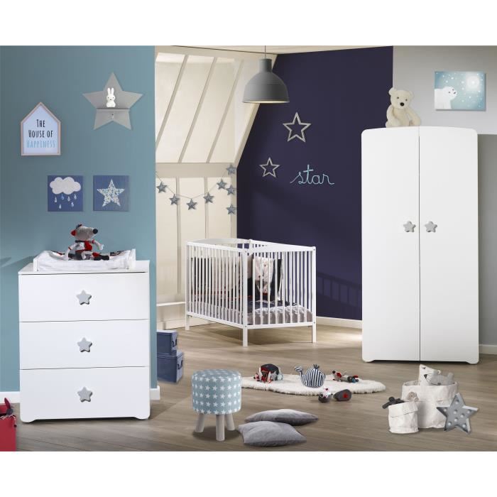 Commode A Langer Babyprice Basic 3 Tiroirs Blanche Boutons Etoiles Grises