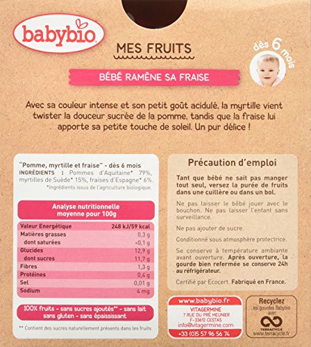 Babybio Gourde Pomme Myrtille Fraise Bio 4x90g Des 6 Mois