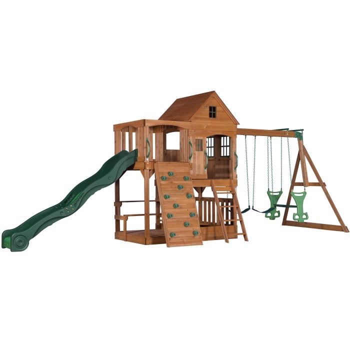 Aire De Jeux En Bois Backyard Discovery Hill Crest Avec Balancoire Toboggan Bac De Sable Et Mur Descalade