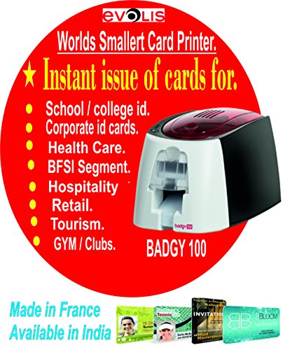Imprimante a cartes plastique Badgy 100 : Impression simple face avec marge de 1,35 mm. 45 sec/carte couleur (80 cartes/heure). Imprimante de badges Evolis Badgy 100 - impression simple face - 80 cartes a l'heure
