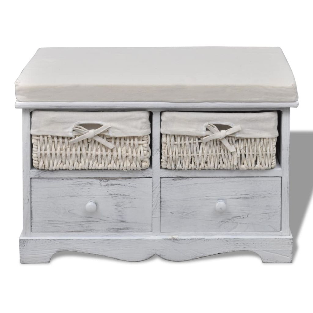 vidaXL Banc de rangement blanc en bois avec 2 paniers de tissage et 2 tiroirs