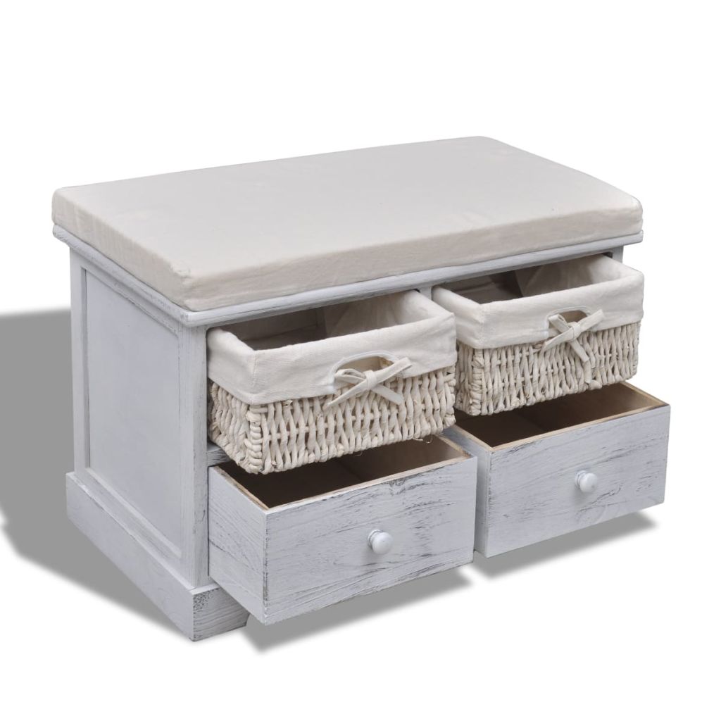 Banc De Rangement - Vidaxl - Blanc - Bois - 62x33x42 Cm - 2 Paniers - 2 Tiroirs