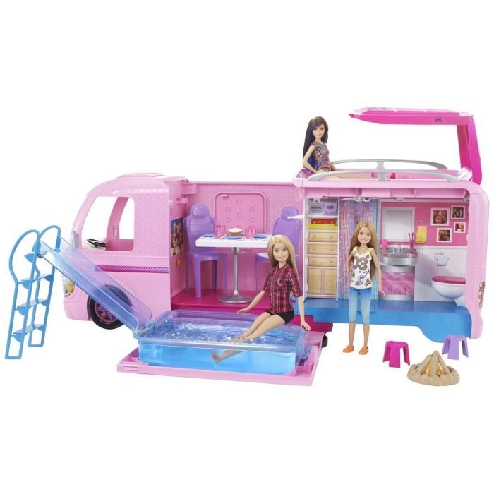 Barbie Camping-car Transformable 2-en-1 Avec 2 Hamacs, Piscine Et Accessoires - 60 Cm