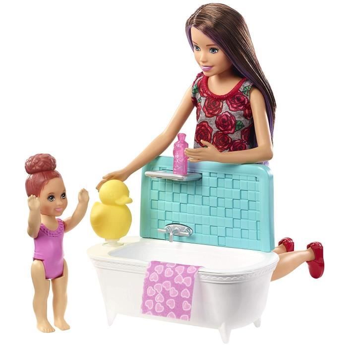 Mattel Barbie - Coffret Babysitter - Heure Du Bain - Coffret Poupee - Comprend 1 Poupee. 1 Bebe. 1 Baignoire Et Des Accessoires