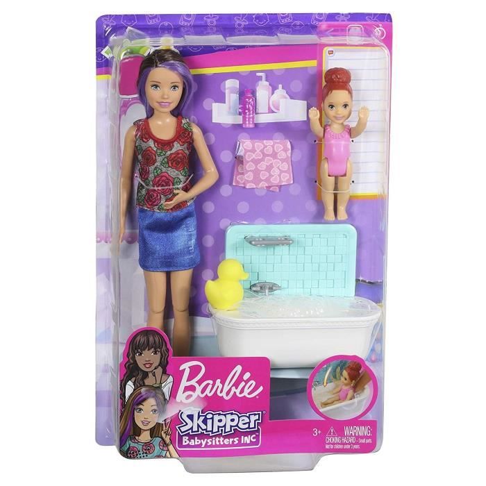 Mattel Barbie - Coffret Babysitter - Heure Du Bain - Coffret Poupee - Comprend 1 Poupee. 1 Bebe. 1 Baignoire Et Des Accessoires