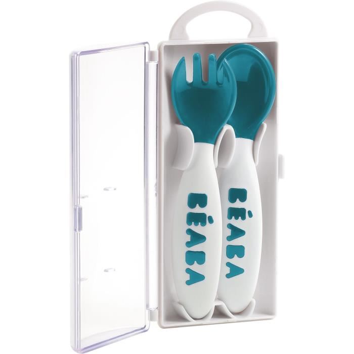 Set De 2 Couverts Ergonomiques 2eme Age Beaba Windy Blue Cuillere Et Fourchette Bleu 8 Mois Bebe