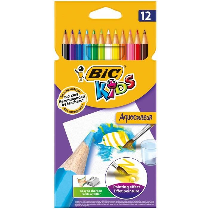 Bic Kids Aquacouleur Crayons De Couleur Aquarellables Pour Effet Peinture - Coloris Assortis, Etui Carton De 12