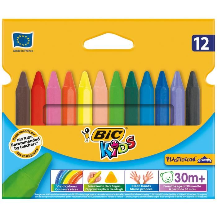 BIC Kids Plastidecor Triangle Craies de Coloriage - Etui Carton de 12