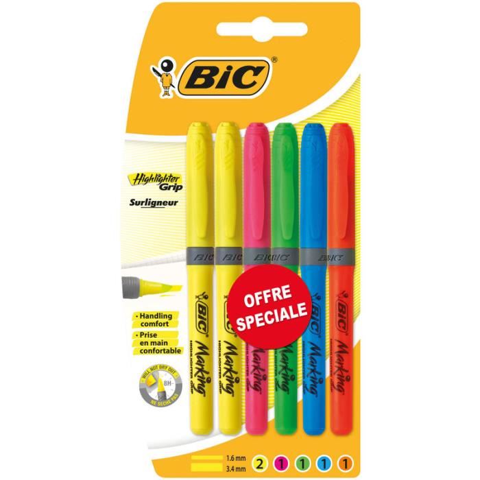 BIC Lot de 6 Surligneurs Brite Liner Plastique Jaune rose vert bleu et orange