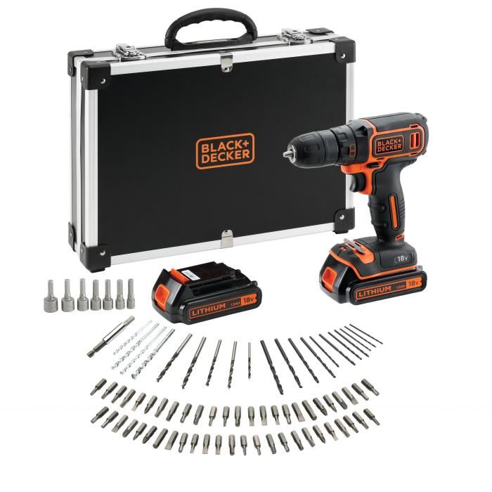 Kit Perceuse Visseuse Sans Fil 18v Blackdecker Bdcdc18bafc Qw 2 Batteries Chargeur Coffret 80 Accessoires