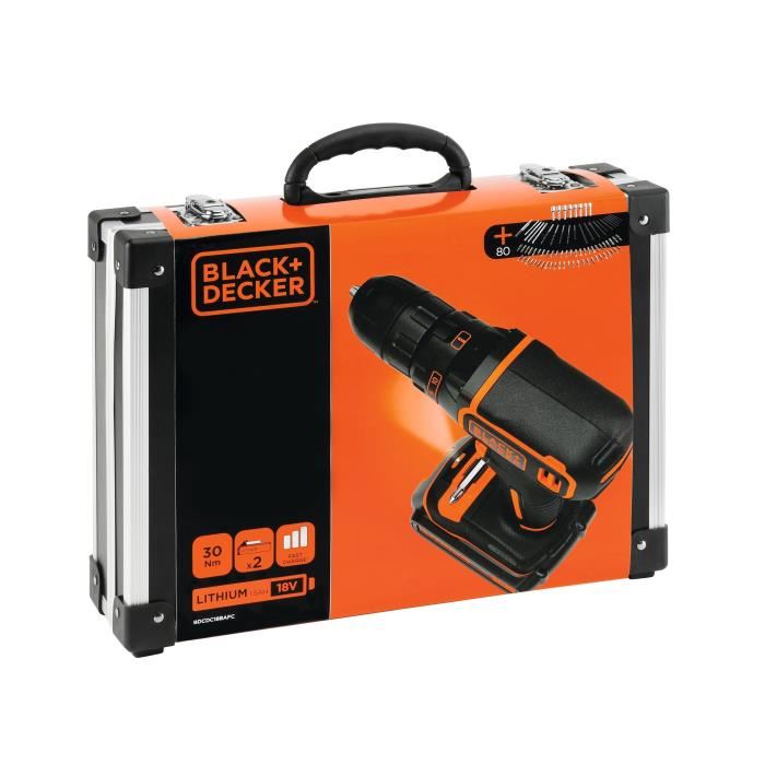 Kit Perceuse Visseuse Sans Fil 18v Blackdecker Bdcdc18bafc Qw 2 Batteries Chargeur Coffret 80 Accessoires