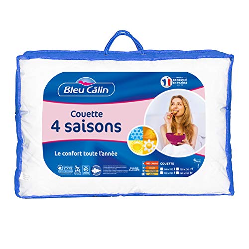 Couette Microfibre - 260 X 240 Cm - Bleu Calin - 4 Saisons - 410 G/m² - Blanc