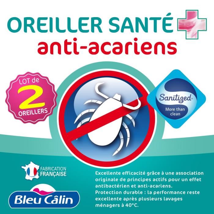 BLEU CALIN Lot de 2 oreillers Sante Anti acariens 60x60 cm blanc
