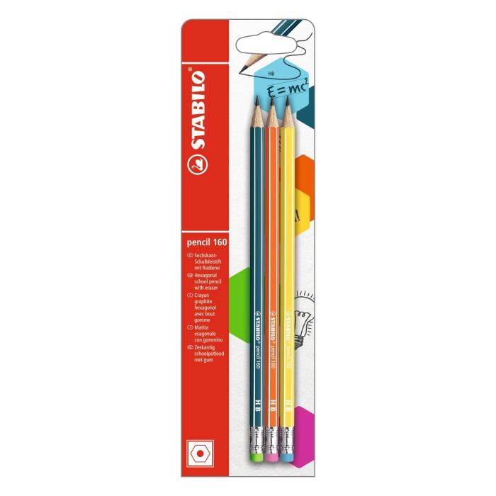 Stabilo Pencil 160 - Pack De 3 Crayons Graphite Hb Avec Bout Gomme - Bleu Ardois