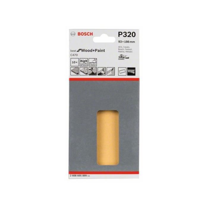 Bosch Feuilles Abrasives Pour Ponceuse Vibrante - 8 Trous - Pack De 10 - 93 X 185 Mm - Grain 320