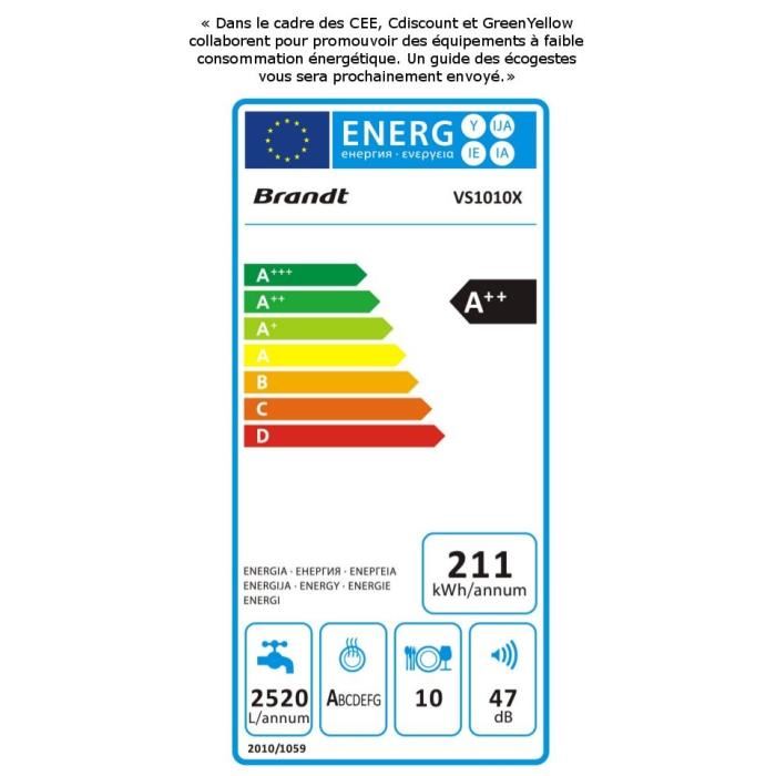Lave Vaisselle Pose Libre Brandt Dfs1010x 10 Couverts Induction L45cm 47db Inox