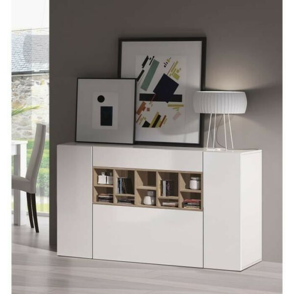 DECO Buffet bas contemporain blanc brillant et decor chene canadien - L 150 cm