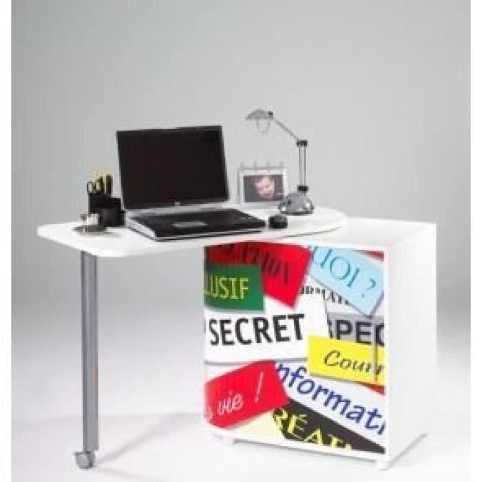 Bureau Pivotant Contemporain Blanc Mat Et Imprime Top Secret - L 105 Cm