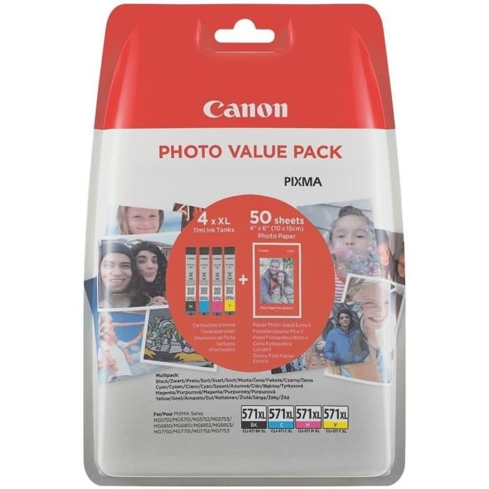 Canon Pack De 4 Cartouches D'encre Cli-571 Xl Grande Capacite Noir/cyan/magenta/jaune (cli571xl)