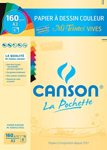 CANSON Pochette papier dessin Mi Teinte A3 160g 8 feuilles Couleurs vives